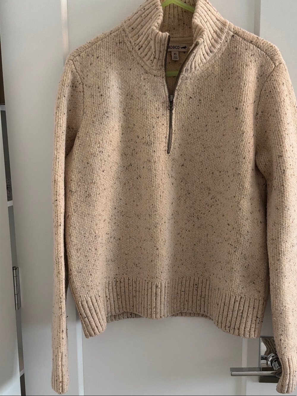 Beige Quarter-Zip Wool Speckled Knit Sweater